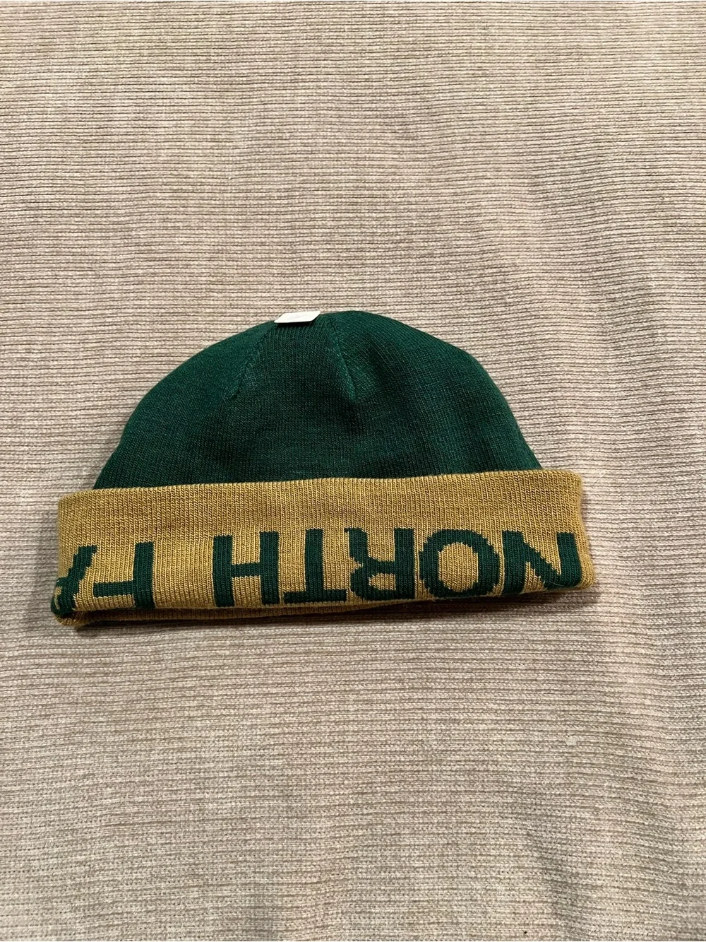 The North Face Mustard Yellow Beanie with Dark Green Lettering